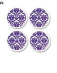 Decorative white cupboard knobs in a regal purple damask wallpaper theme. An elegant touch to upcycle antique furniture. Handmade drawer pulls for cupboard and cabinets.