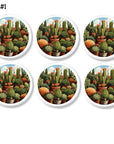 6 White cabinet drawer pulls decorated with a garden of potted cacti with blue skies in the background. Country Western decorative furniture handles.