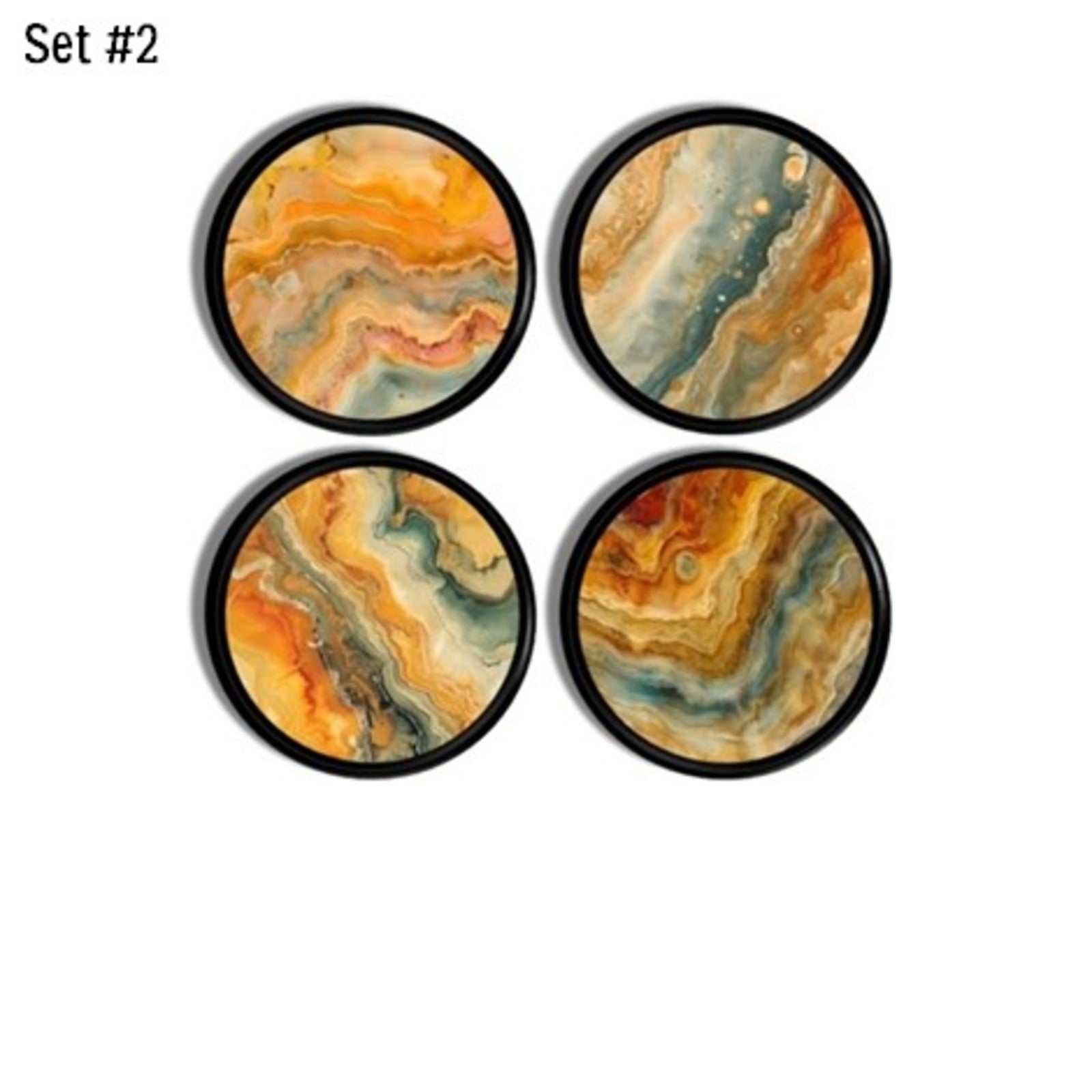Set of four handmade drawer pulls with intricate fluid art designs. Each knob showcases swirling waves blending warm amber orange, teal blue, and beige gold hues on a round, black base handle. Uniquely stylish and artistic replacement hardware for furniture and cabinets.