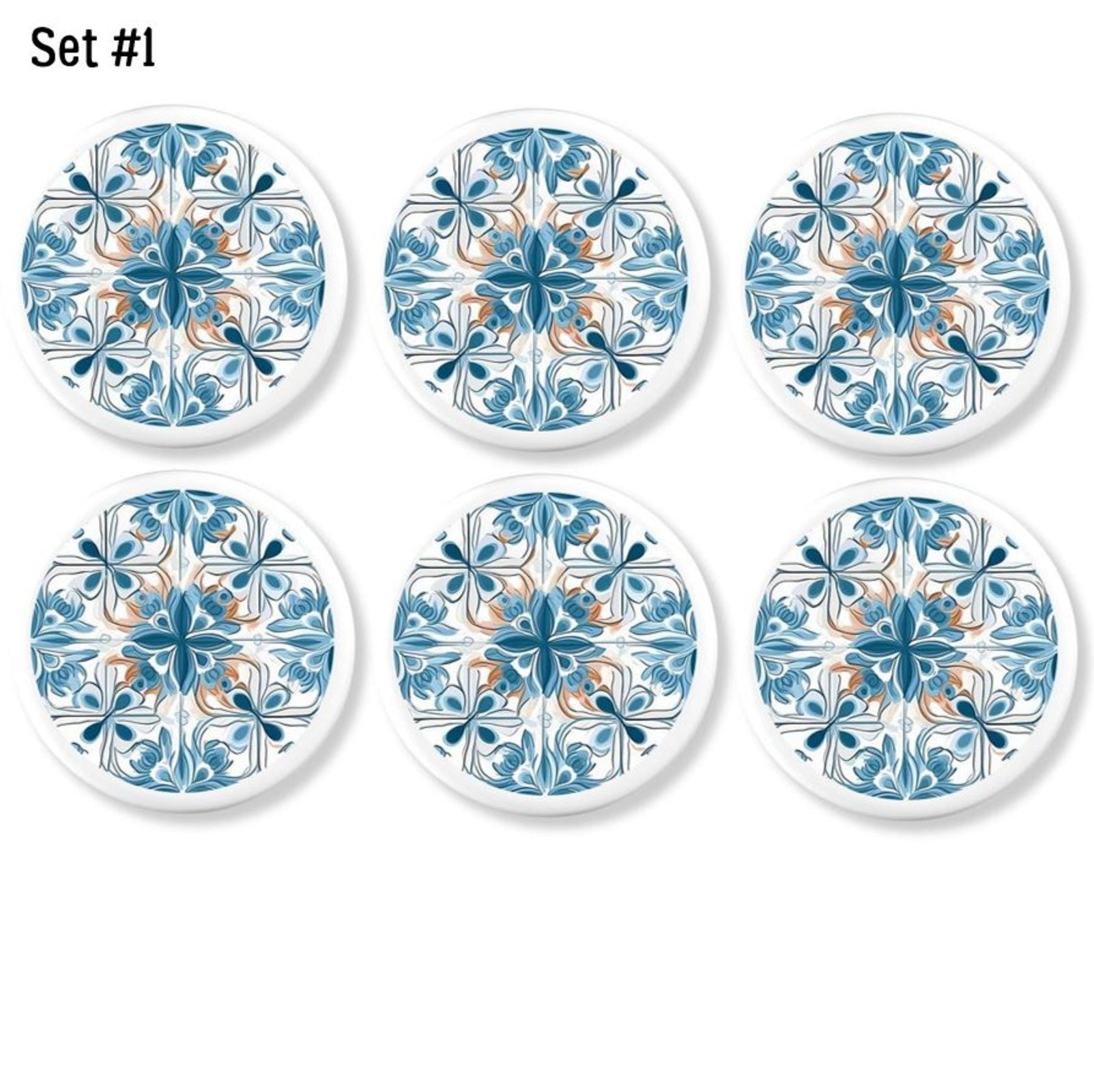 Six handmade cabinet knobs in a Talavera style Spanish tile design. Colors include blue, orange and white.