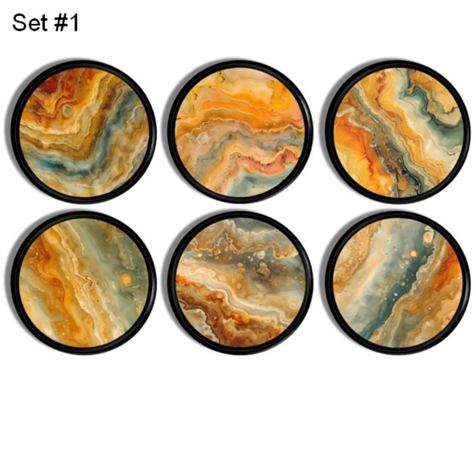 Set of six handmade cabinet knobs with vibrant, marble like patterns on a round, black base. Unique drawer pulls featuring unique swirling designs in rich shades of orange, yellow, blue, and brown, giving an artistic and natural stone formation inspired aesthetic.