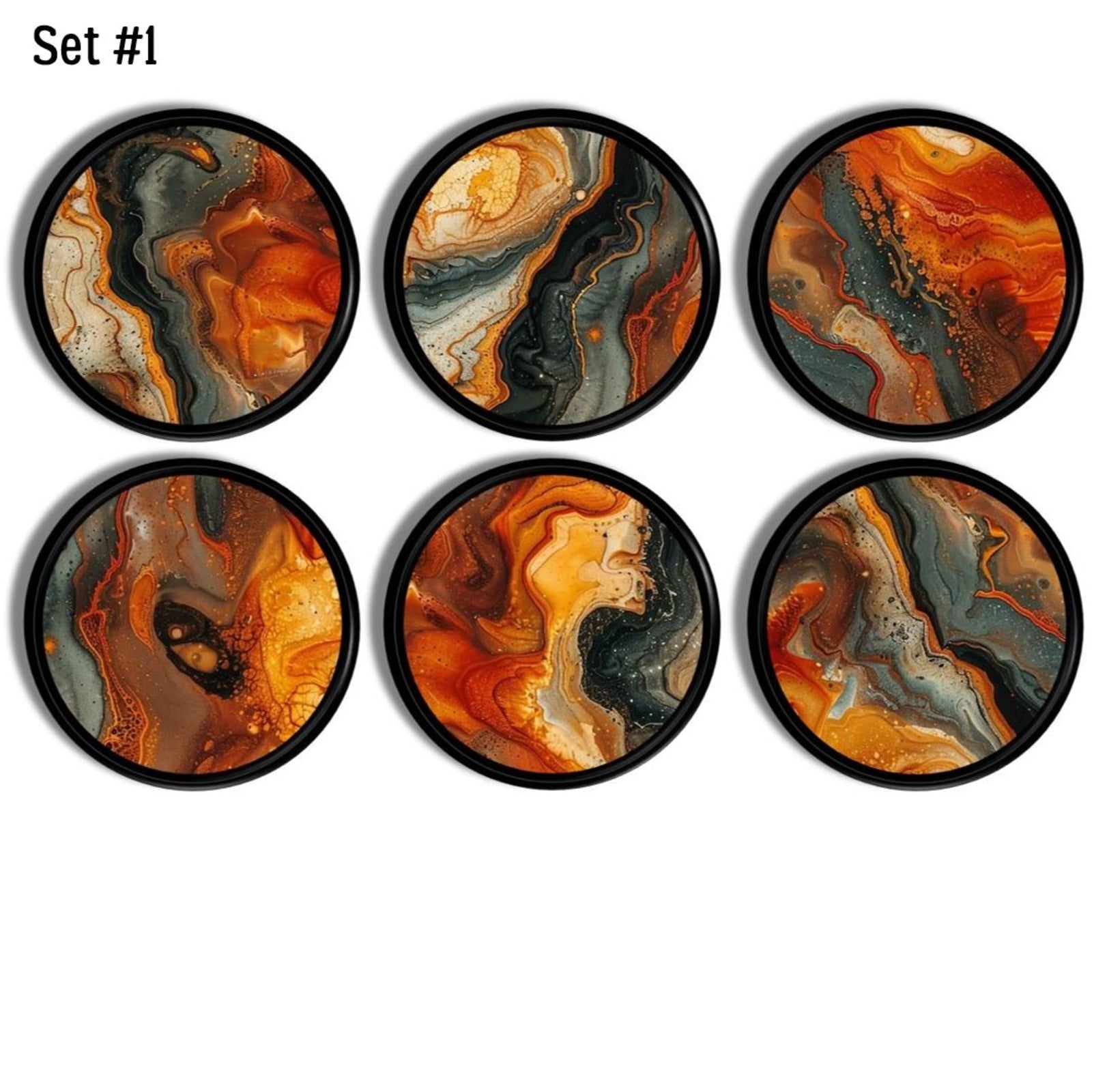 6 contemporary decorative drawer pulls in an abstract granite inspired inky burnt orange, black, gold and charcoal gray texture design.