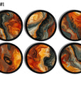 6 contemporary decorative drawer pulls in an abstract granite inspired inky burnt orange, black, gold and charcoal gray texture design.