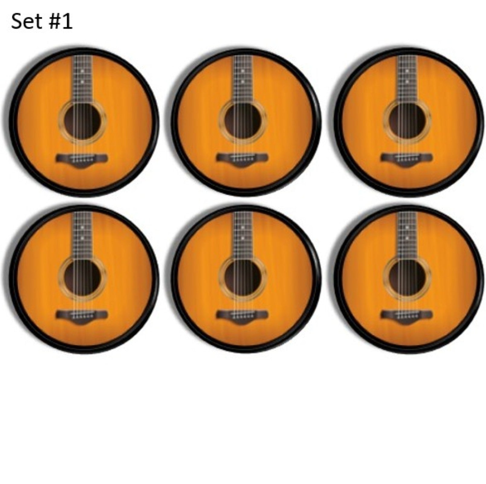 Set of six handmade cabinet knobs in a golden colored acoustic guitar theme. Made on a black drawer pull handle.