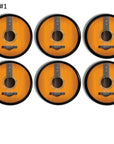 Set of six handmade cabinet knobs in a golden colored acoustic guitar theme. Made on a black drawer pull handle.