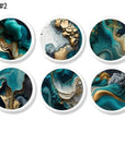 Handmade cabinet knob with teal and gold alcohol ink swirl design