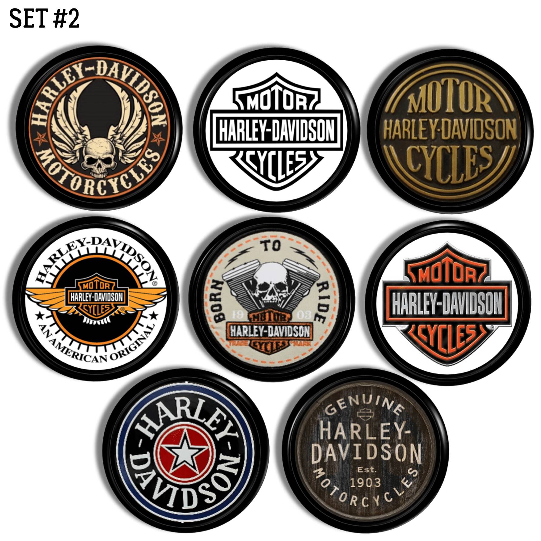 Set of 8 throwback Harley Davidson knobs on black hardware. Drawer Pulls for mancave storage cupboards, home bar cabinets or garage decor.