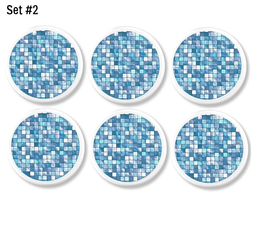 Handmade sky blue tile-look cabinet knobs on white wood bases; decorative mosaic-style drawer pulls with high-gloss finish for bathroom, dresser, or kitchen cabinets.