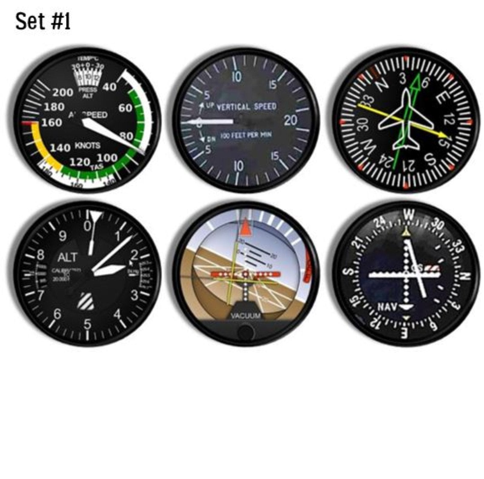 Unique handmade cabinet knobs in an aviation instrument theme. Decorative hardware featuring airplane meters and gauges.
