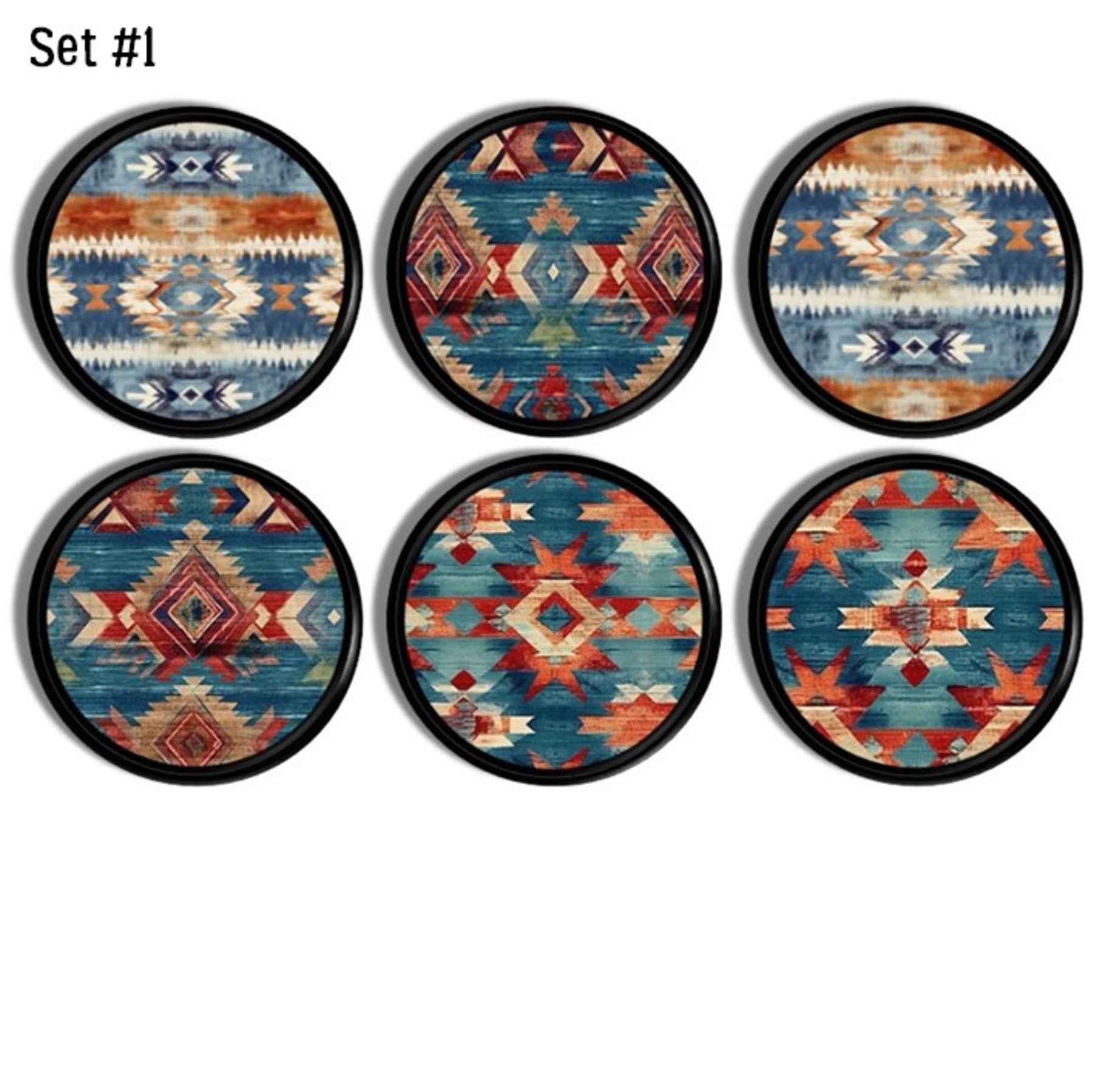 Set of 6 handmade drawer pulls with turquoise and burnt orange Aztec pattern on black wood base.
