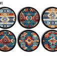 Set of 6 handmade drawer pulls with turquoise and burnt orange Aztec pattern on black wood base.