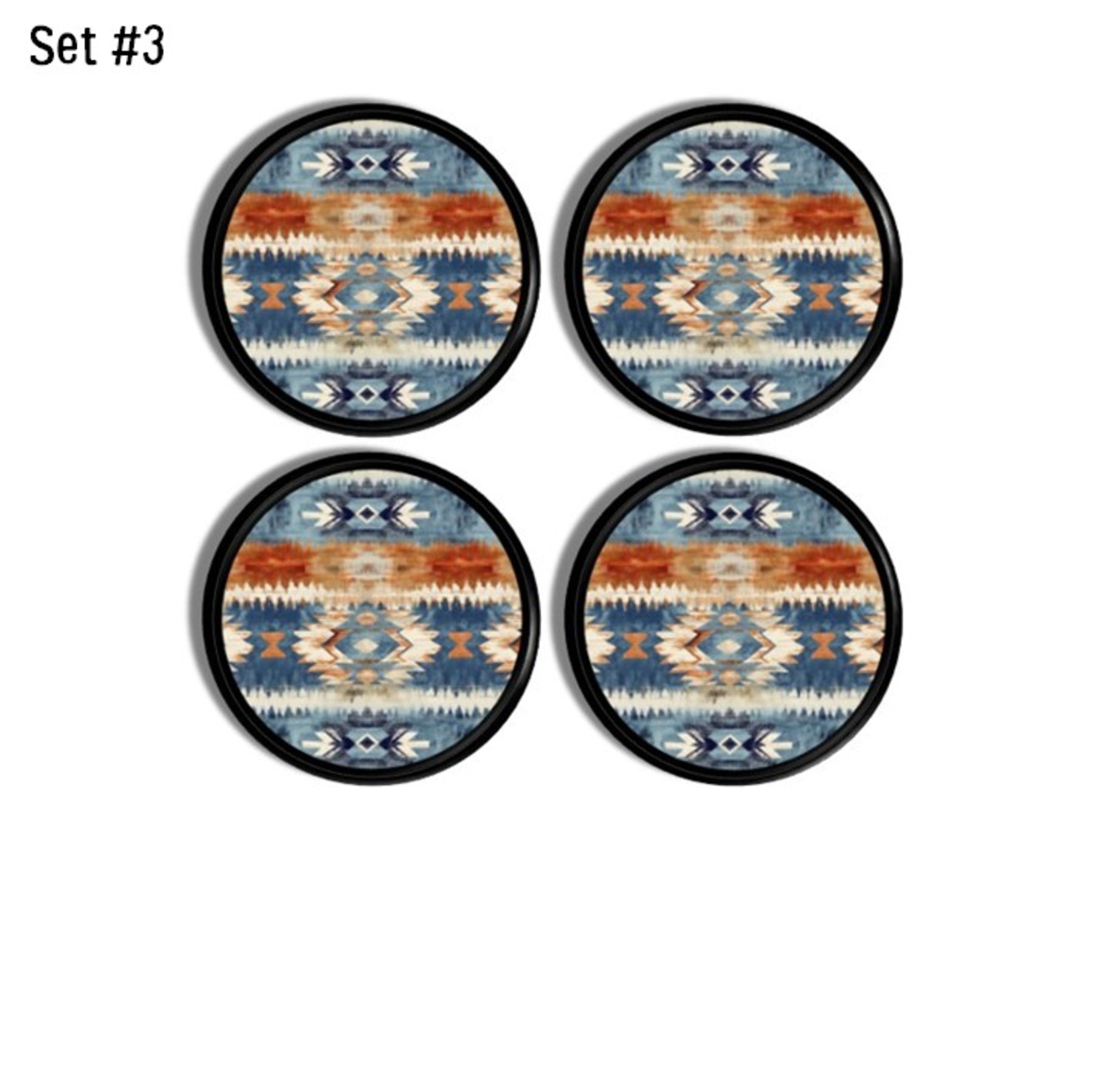 Southwestern style drawer pulls with tribal motifs in turquoise, orange, and navy. Unique boho cabinet knobs.