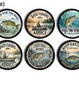 Six bass‑fishing cabinet knobs featuring bold catch‑themed scenes and angler sayings, ideal decorative hardware for lodge décor, rustic man‑caves, lake‑house gear rooms, and outdoorsman furniture accents