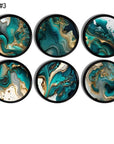 Black cabinet knobs and drawer pulls featuring abstract alcohol ink design in turquoise, gold, and white