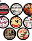 Black base cabinet knobs with retro Chicago sports history designs, featuring vintage Cubs, Bears, Bulls, and Blackhawks memorabilia artwork. Collector hardware set of 8 for man cave or bar décor.