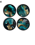 Black cabinet knob with abstract alcohol ink art in teal, white, and gold