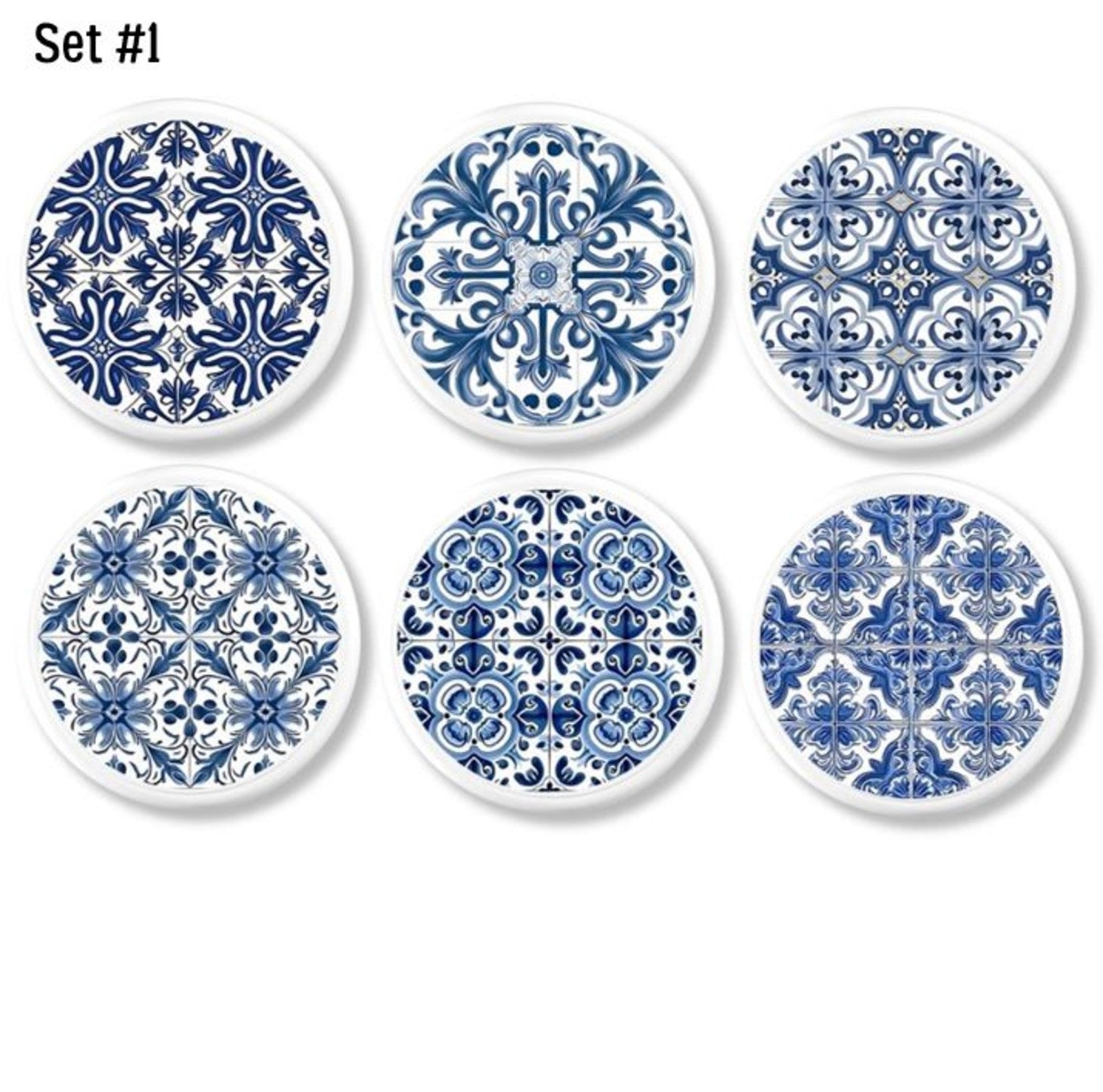 Navy blue floral Talavera designs on 6 white cabinet knobs. Azulejos art inspired furniture drawer pull hardware.