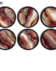 Burgundy and terracotta agate‑print cabinet knobs with warm mineral banding, shown as a coordinated 6‑piece set