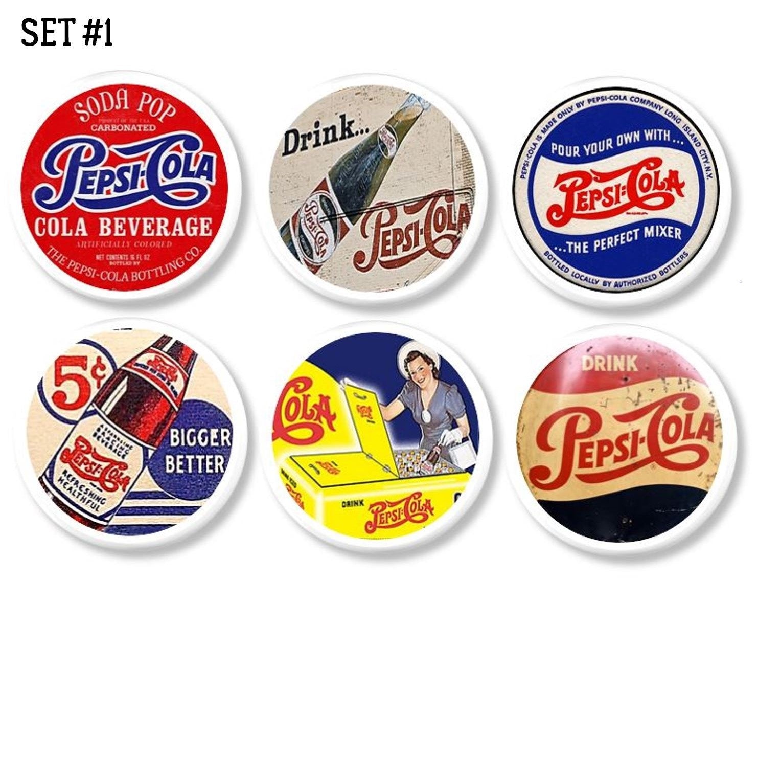 Set of 6 vintage-style Pepsi cabinet knobs featuring retro 1950s advertising graphics