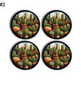 Set of cabinet pull knobs in a southwest cactus botanical theme on black handle hardware.