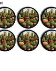 Set of 6 handmade cabinet drawer pulls depicting green cactus in terracotta pots with blue cloudy sky on black hardware.