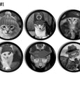 6 handmade decorative cabinet knob hardware in a whimsical cat theme on black drawer pulls.