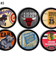 Black cabinet knobs with historic Chicago sports artwork. Features classic logos, ticket stubs, and event posters from Cubs, Bears, Bulls, Blackhawks, and boxing. Collector fan cave knob set of 6.