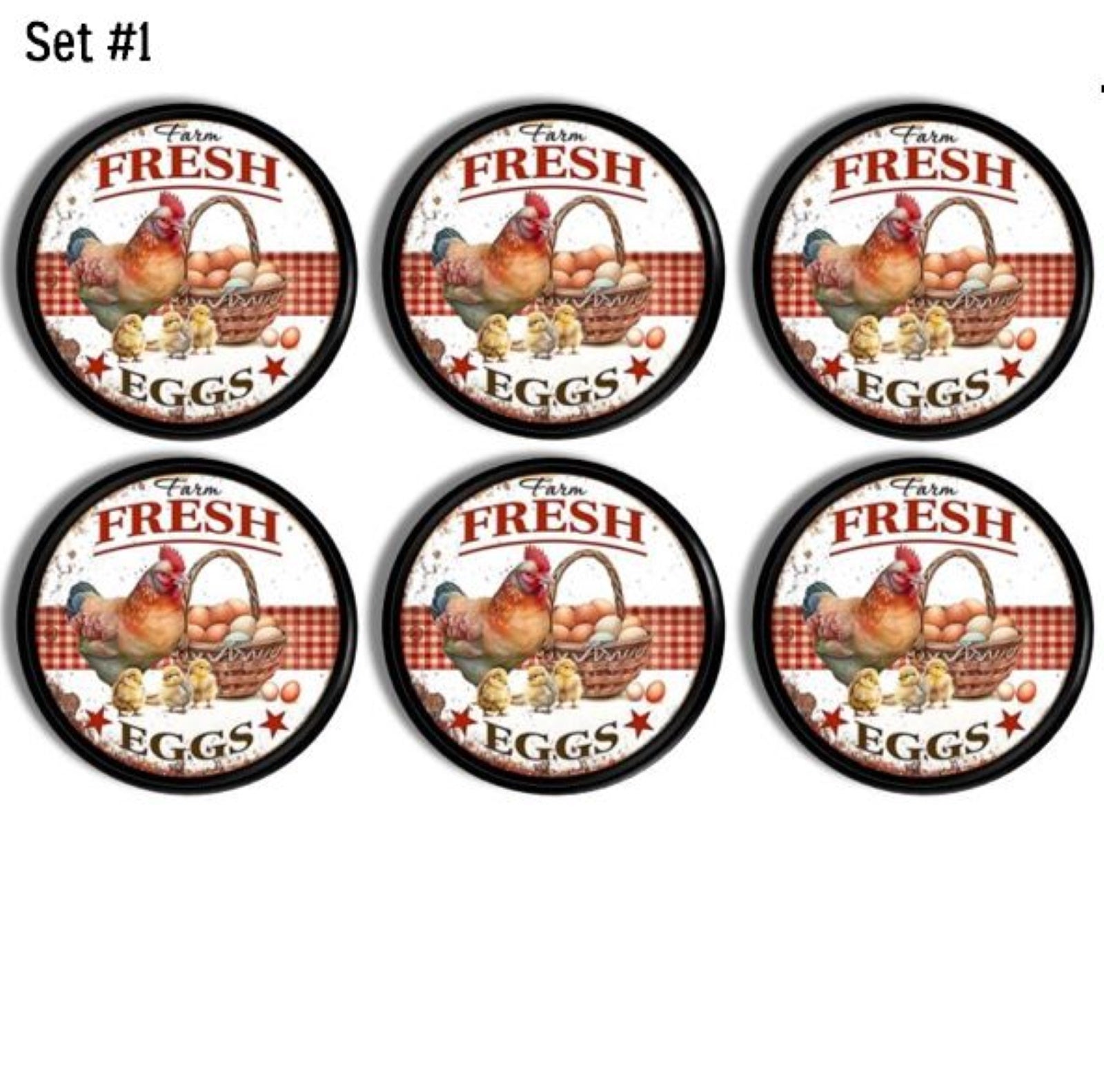 Distressed vintage country cupboard drawer pulls in a chicken theme with the words Farm Fresh Eggs. Colors are red and white on a black handle.