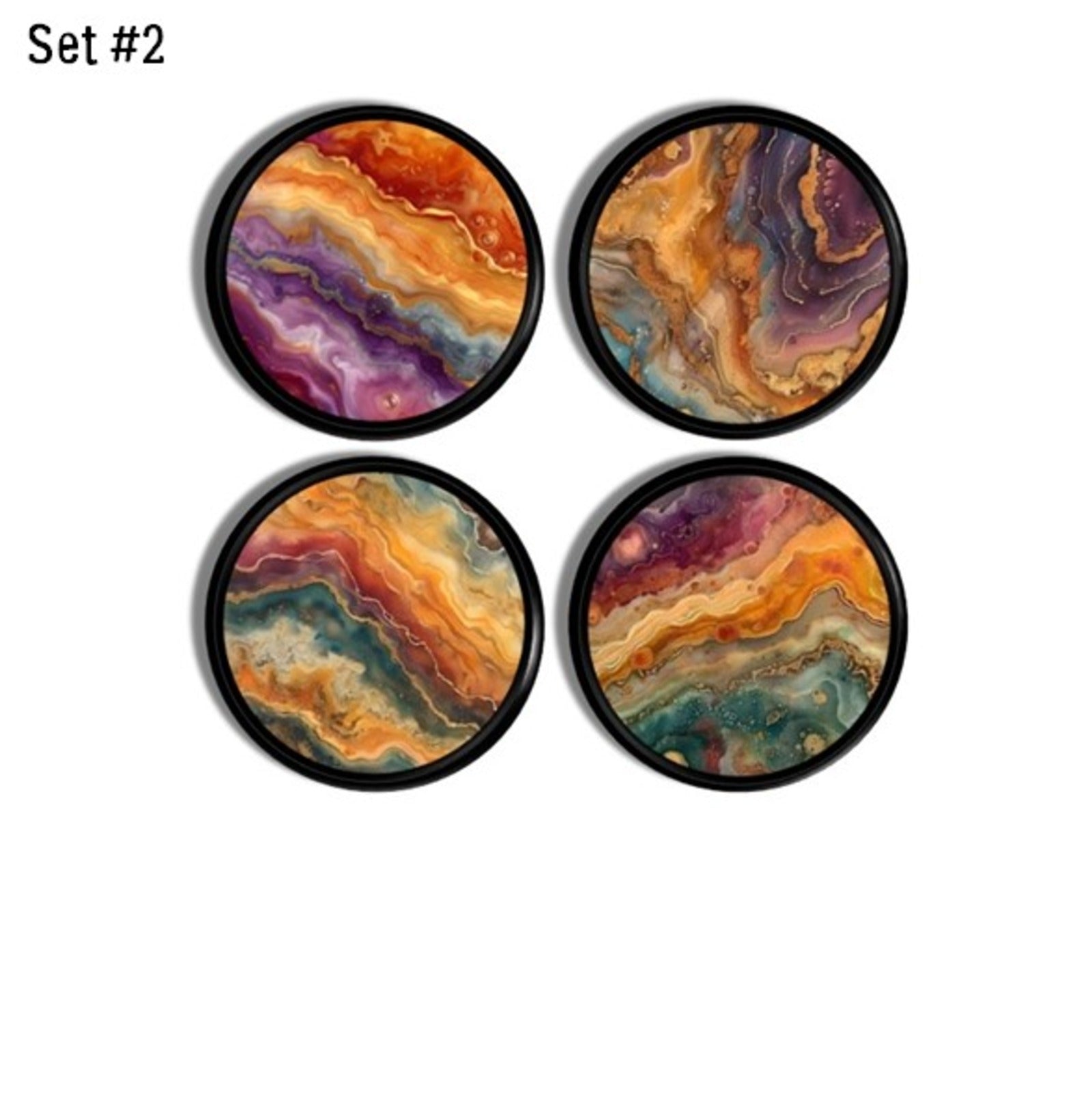 Set of 4  cabinet knobs featuring vibrant marble like swirl patterns, perfect for decorative furniture or cabinet upgrades. Colors include purple, yellow, turquoise, blue and orange.