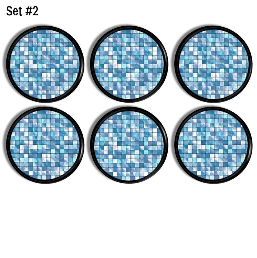 Handmade sky blue mosaic tile-look cabinet knobs on black; decorative high-gloss drawer pulls ideal for kitchens, dressers, or DIY furniture projects.