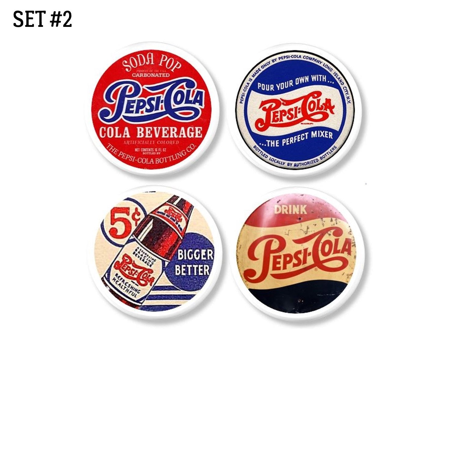 Set of 4 antique Pepsi beverage advertisement cupboard door knobs. Suitable for furniture drawer pulls or cabinet handles.