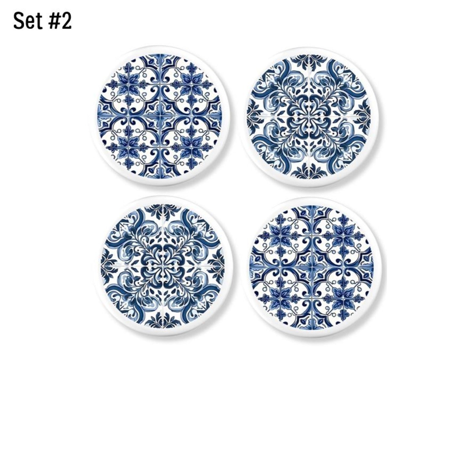 Four handmade cabinet knobs in a navy blue and white Azulejos art design. Spanish tile look drawer pulls.