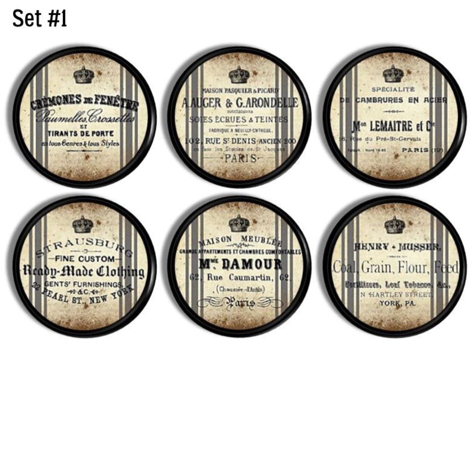 Set of 6 handmade cabinet knobs in a grungy French merchant theme. Decorative hardware in boutique shop logos on a distressed grain sack for a vintage look.