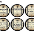 Set of 6 handmade cabinet knobs in a grungy French merchant theme. Decorative hardware in boutique shop logos on a distressed grain sack for a vintage look.