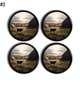 Set of 4 rustic farmhouse cabinet knobs. Drawer pulls decorated in a vintage pasture scene where a black cow stands amongst colorful autumn trees.