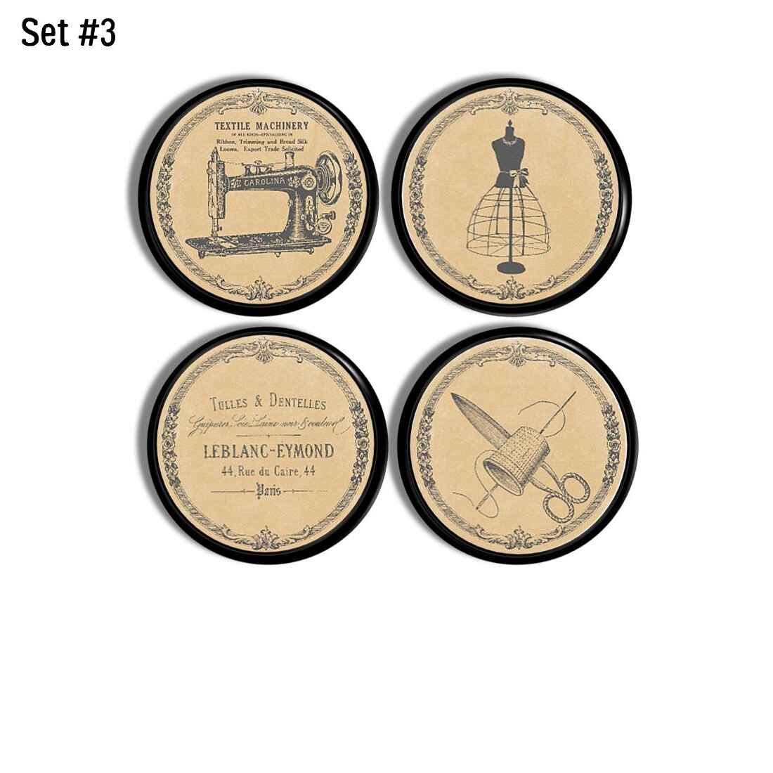 Set of 4 handmade sewing knobs with scissors, mannequins, and French textile ads
