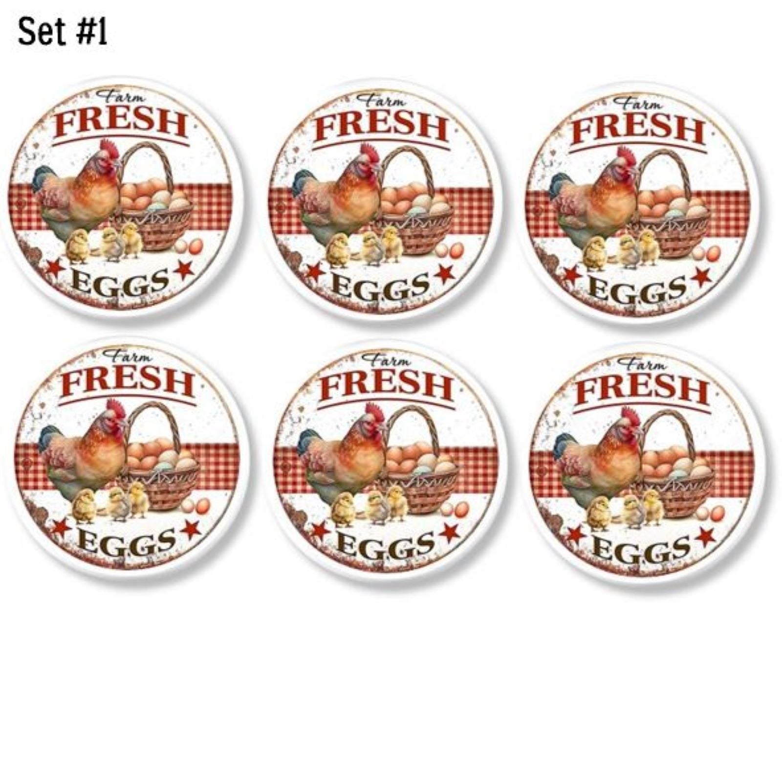 6 Handmade decorative cabinet knobs featuring a mother hen and her baby chicks next to a basket of farm fresh eggs. Rustic Country drawer pull handles.