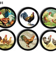 Cabinet knob set featuring vintage-style rooster and hen illustrations — colorful barnyard scenes with sunflowers and grassy fields