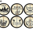 Six black & beige handmade farmhouse style drawer pulls. Rustic country cabinet hardware set in vintage rooster & hen theme