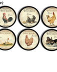Farmhouse cabinet knobs with vintage hen and rooster chicken illustrations. Farm animal drawer pulls for rustic kitchen and cottage décor