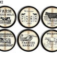 6 piece set of Farmhouse cabinet knobs in a vintage cow theme and dairy farm signage in black ink. Rustic drawer pulls for country kitchen, pantry, or rural America décor
