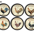 Farmhouse cabinet knobs with colorful rooster illustrations and vintage postcard styling. Rustic chicken themed drawer pulls for kitchen décor