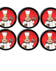 Six cabinet knobs featuring whimsical Fat Chef Italian bistro artwork on a bright red background with wine, cheese, grapes, and classic waiter details.