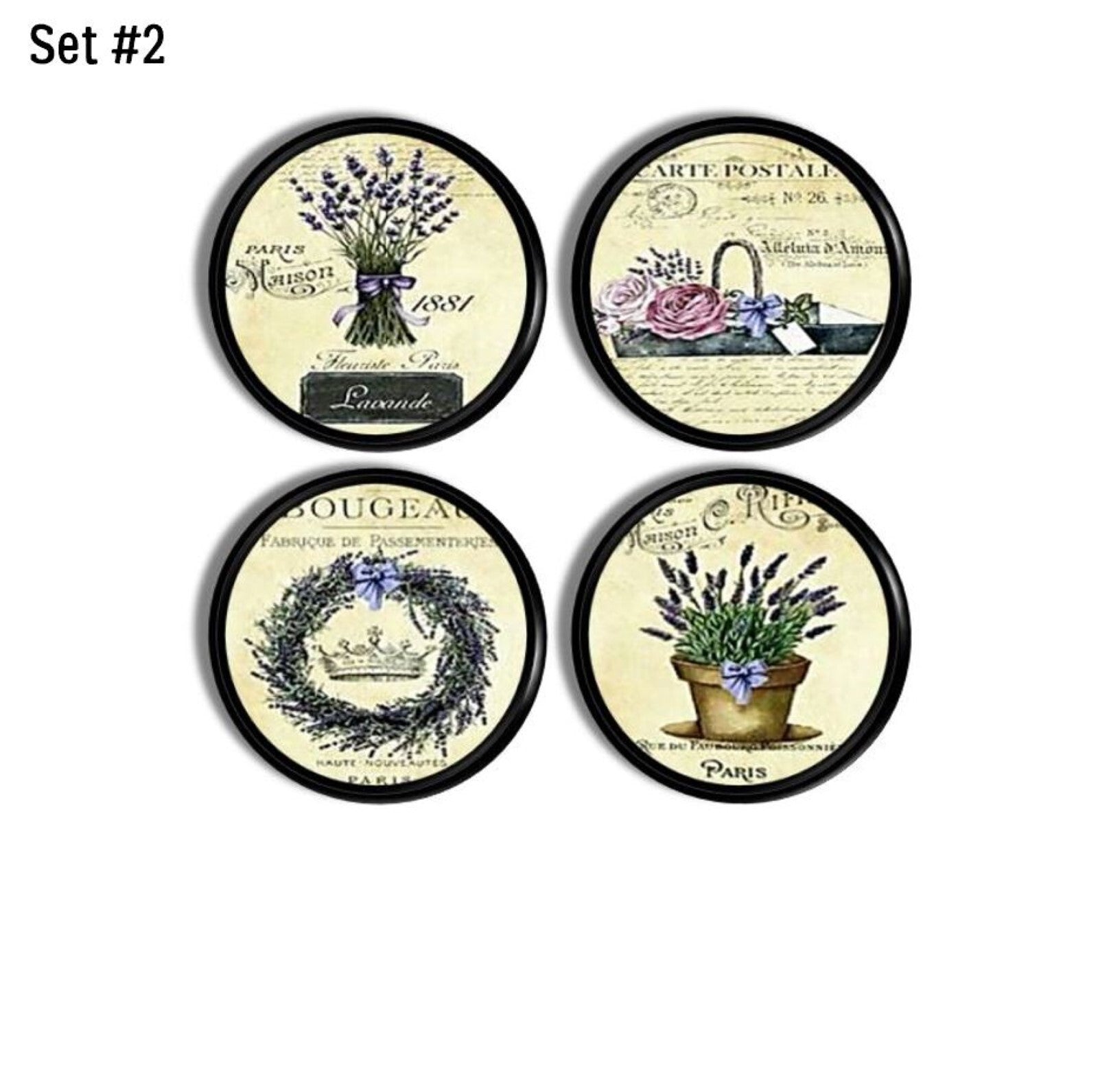 Four French lanevder themed cabinet drawer pulls. Unique decorative knob replacement hardware for cupboards and furniture.