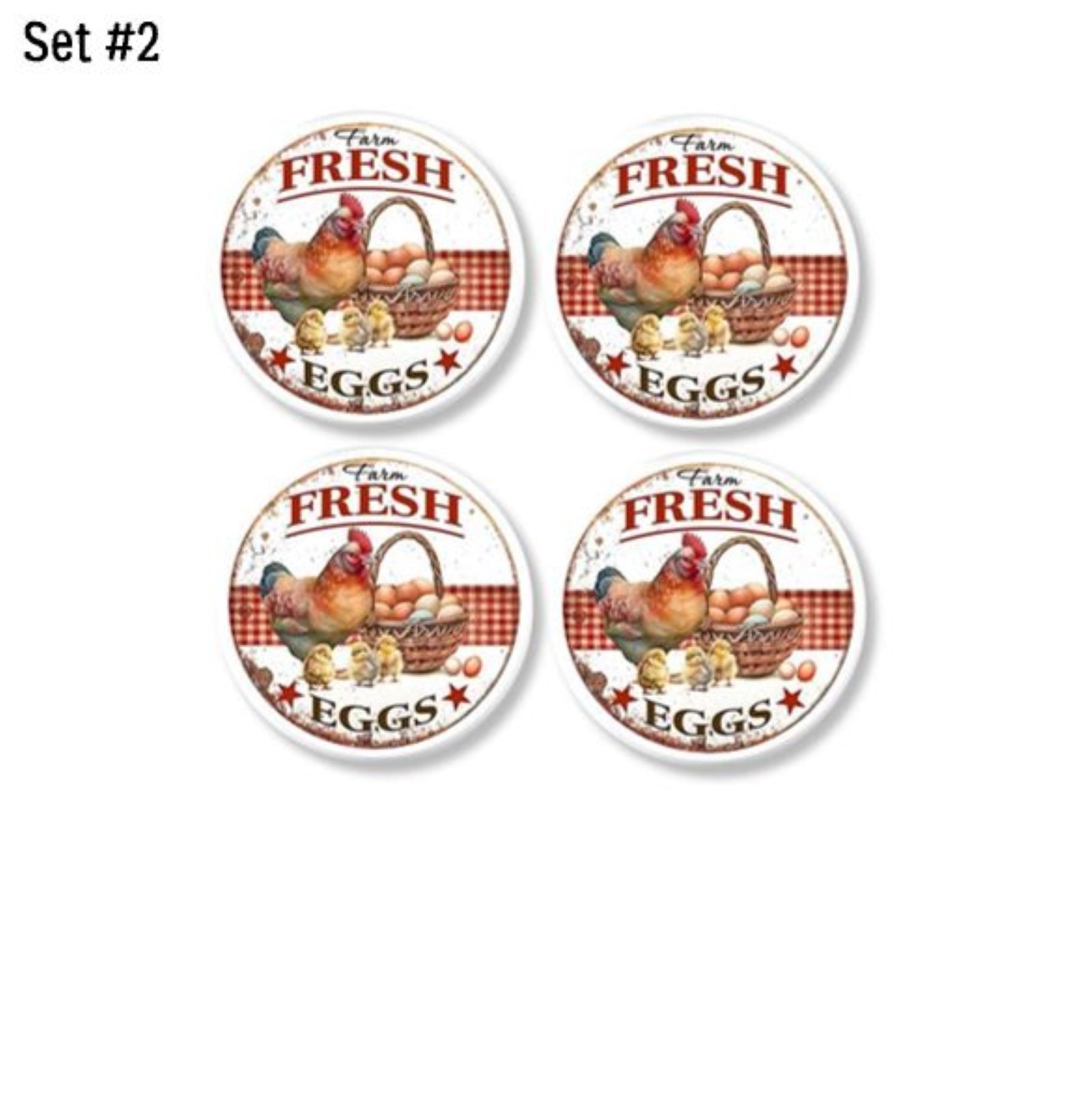 Farm fresh egg kitchen cabinet knob hardware. Decorated in red check with country chickens on white drawer pulls. Rustic furniture handles.