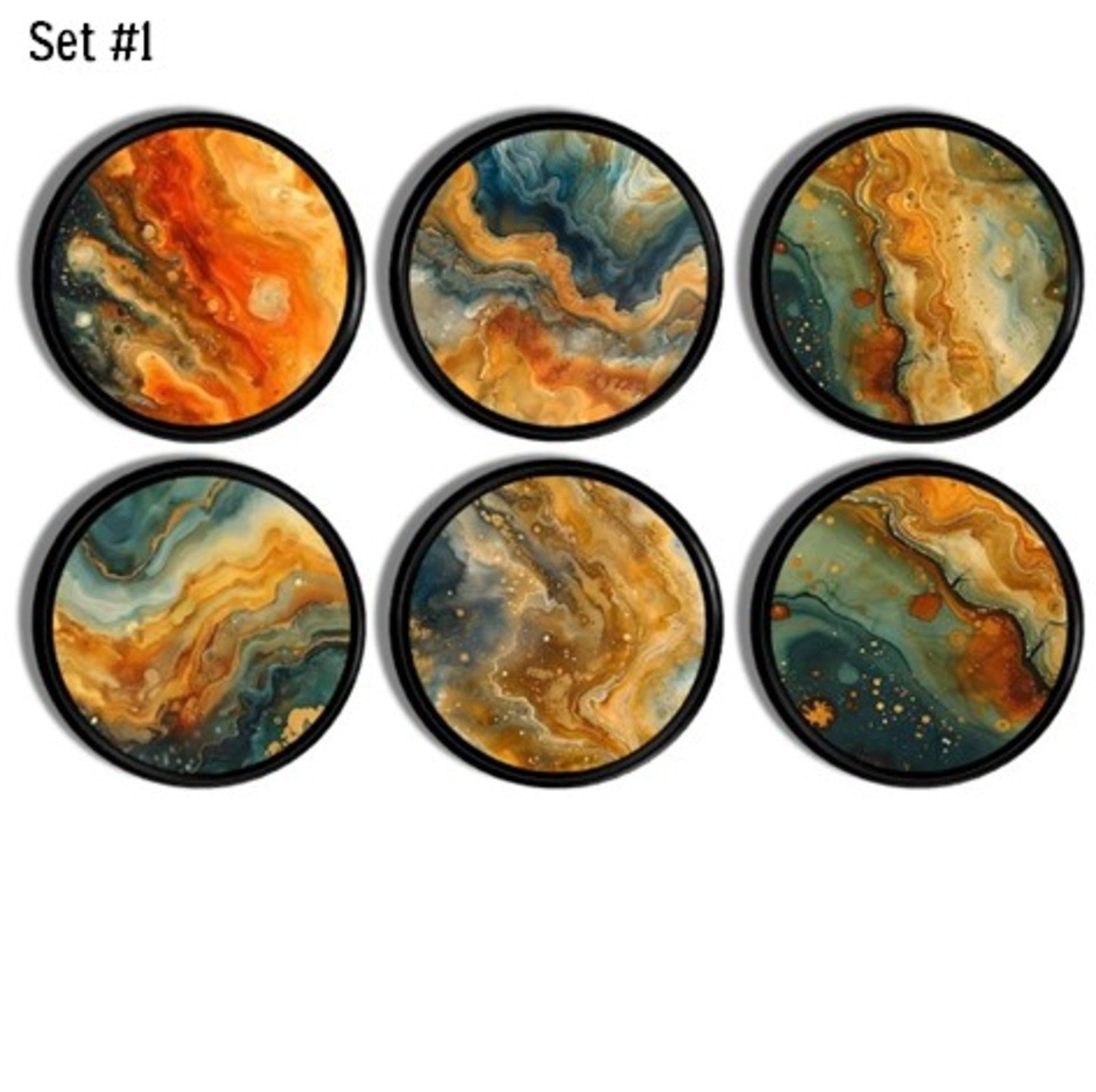 Set of six round handmade cabinet knobs and drawer pulls with abstract, marbled resin designs in swirling shades of orange, gold, teal, and navy. Each knob features a unique fluid pattern resembling natural geodes or planetary surfaces, bordered in black.
