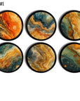 Set of six round handmade cabinet knobs and drawer pulls with abstract, marbled resin designs in swirling shades of orange, gold, teal, and navy. Each knob features a unique fluid pattern resembling natural geodes or planetary surfaces, bordered in black.