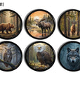 Set of six handmade wildlife cabinet knobs and drawer pulls featuring detailed woodland animal artwork including bear, moose, deer, owl, eagle, and wolf designs in a rustic forest style.