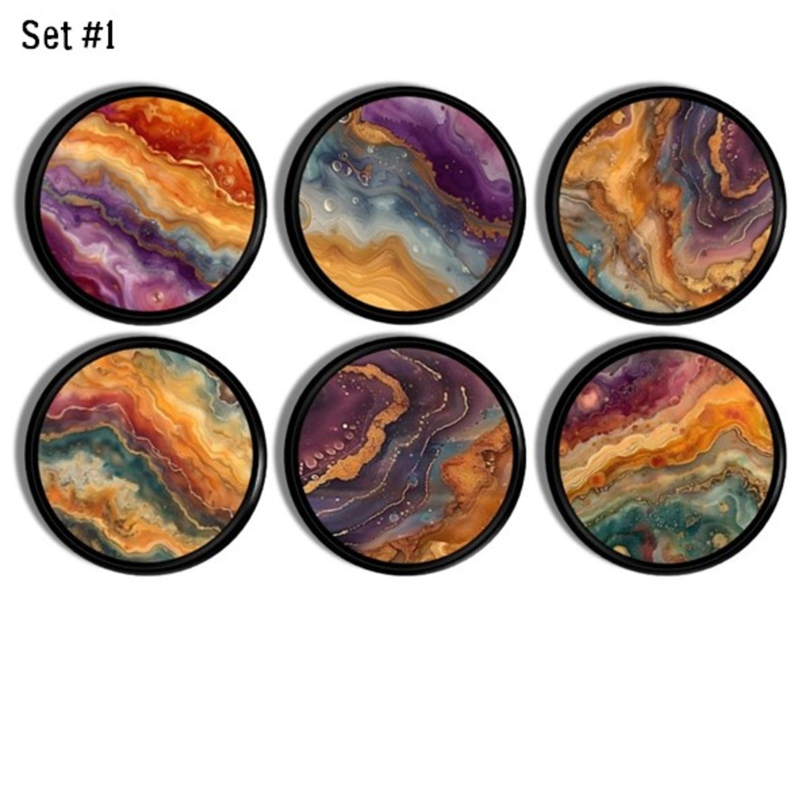 Handmade drawer pulls in a set of six. Cabinet knobs featuring circular shapes with unique marbled patterns. Designed in vibrant shades of orange, purple, blue, and gold, and bordered in black. Ideal for furniture upgrades and artsy home decor.