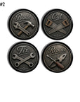 Rustic industrial cabinet knobs set. Decorative hardware featuring hammer, screwdriver, wrench and saw tool designs. Handyman theme for men's bathroom, man cave, garage cabinets and DIY storage